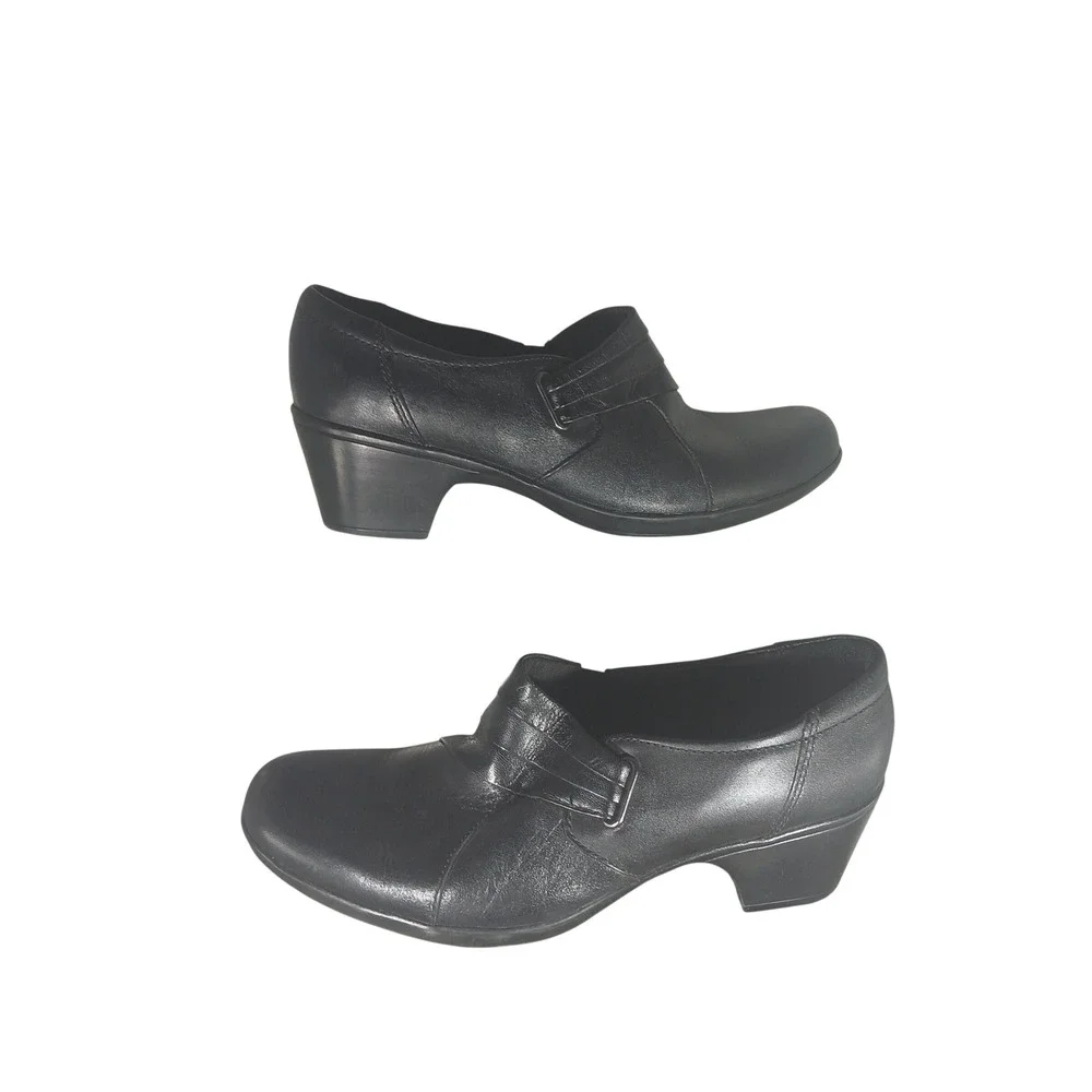 Clarks Bendables 62720 Womens Black Leather Slip On Block Heel Shoes Size 9M